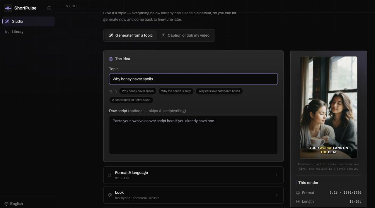 The studio with a topic typed in, the settings rows and a live caption preview