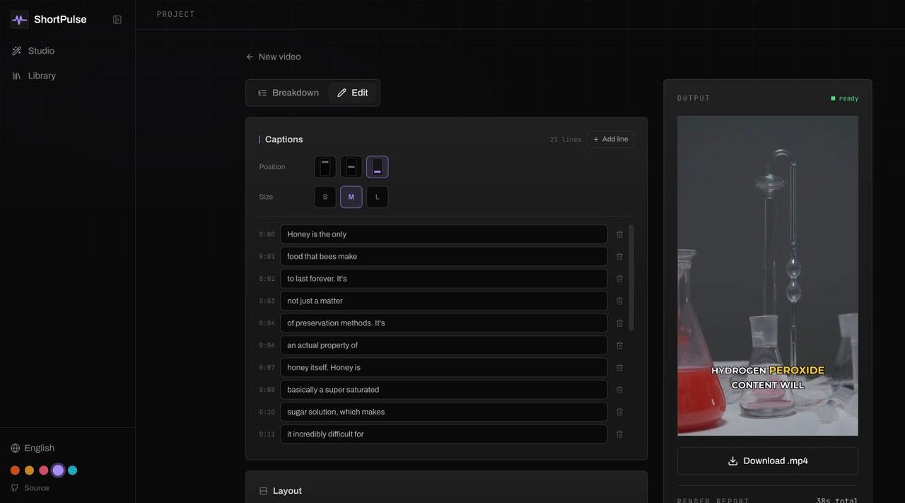 The editor with the caption lines of a finished video beside its preview
