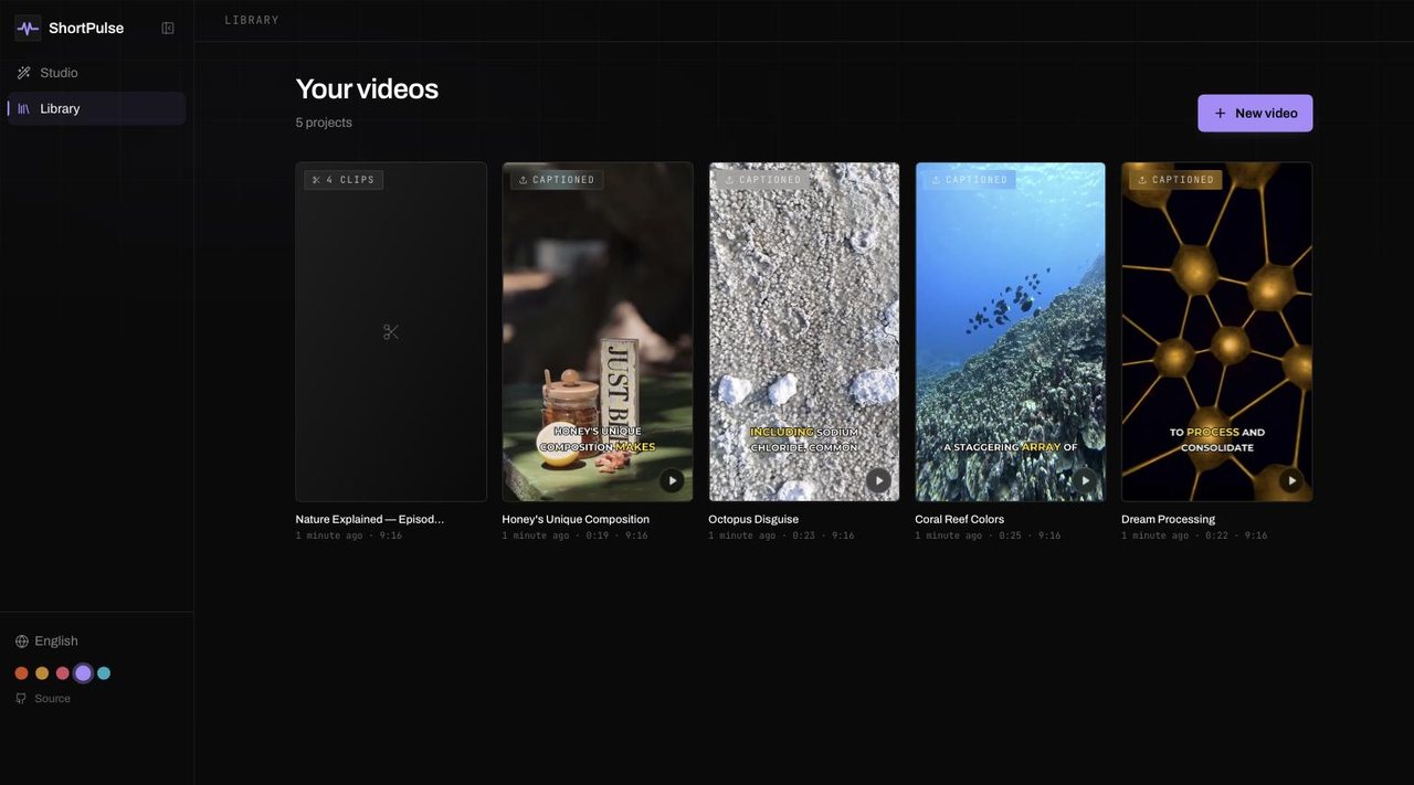 The library with a source video and the four clips cut from it
